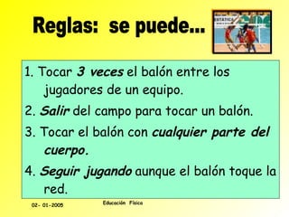 1. Tocar  3 veces  el balón entre los jugadores de un equipo. 2.  Salir  del campo para tocar un balón. 3. Tocar el balón con  cualquier parte del cuerpo. 4.  Seguir jugando  aunque el balón toque la red. Reglas:  se puede... 