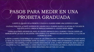 PASOS PARA MEDIR EN UNA
PROBETA GRADUADA
1:VIERTE EL LÍQUIDO EN LA PROBETA Y COLOCA EL CILINDRO SOBRE UNA SUPERFICIE PLANA
2:ELÉVALO PARA QUE LA PARTE SUPERIOR DEL LIQUIDO EN EL CILINDRO QUEDE A LA ALTURA DE TUS OJOS YA
QUE ESTO EVITA EL ERROR DE PARALAJE MIRANDO EL LIQUIDO DESDE ARRIBA
3:MIRA EN LA PARTE INFERIOR DEL NIVEL DE LÍQUIDO (MENISCO) EN EL CILINDRO Y TEN EN CUENTA LAS
MARCAS ENTRE LAS QUE SE ENCUENTRA -POR EJEMPLO, SI EL MENISCO SE ENCUENTRA ENTRE 5,1 Y 5,2 EN UN
CILINDRO DE 10 ML-.
4:ANOTA LA MARCA JUSTO DEBAJO DE LA BASE DE LAS CIFRAS EXACTAS Y PODRÁS ESTIMAR HASTA QUÉ PUNTO
EL NIVEL DE LÍQUIDO SE INTERPONE ENTRE ESA MARCA Y LA DE ARRIBA PARA DETERMINAR EL ÚLTIMO DÍGITO
ESTIMADO. POR EJEMPLO, SI EN UN CILINDRO GRADUADO DE 10 ML LA PARTE INFERIOR DEL NIVEL QUEDA A
1/3 ENTRE 5,1 Y 5,2, ANOTARÁS 5,1 COMO DÍGITO EXACTO Y ESTIMARÁS 0,03 PARA EL DÍGITO ESTIMADO, LO
QUE DA COMO RESULTADO UNA LECTURA DE 5,13 ML.
Elévalo para que la parte superior del líquido en el cilindro quede a la altura de tus ojos, ya que esto evita el error de paralaje mirando el líquido desde arriba.
 