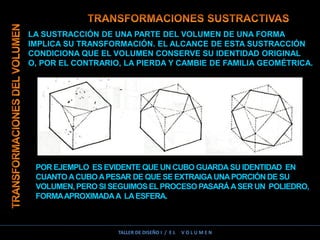 LA SUSTRACCIÓN DE UNA PARTE DEL VOLUMEN DE UNA FORMA
IMPLICA SU TRANSFORMACIÓN. EL ALCANCE DE ESTA SUSTRACCIÓN
CONDICIONA QUE EL VOLUMEN CONSERVE SU IDENTIDAD ORIGINAL
O, POR EL CONTRARIO, LA PIERDA Y CAMBIE DE FAMILIA GEOMÉTRICA.
POR EJEMPLO ES EVIDENTE QUE UN CUBO GUARDASU IDENTIDAD EN
CUANTO ACUBOAPESAR DE QUE SE EXTRAIGAUNAPORCIÓN DE SU
VOLUMEN,PERO SI SEGUIMOSELPROCESO PASARÁ ASER UN POLIEDRO,
FORMAAPROXIMADAA LAESFERA.
TALLER DE DISEÑO I / E L V O L U M E N
 