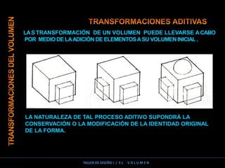 LAS TRANSFORMACIÓN DE UN VOLUMEN PUEDE LLEVARSE ACABO
POR MEDIODE LAADICIÓN DE ELEMENTOSASU VOLUMEN INICIAL .
LA NATURALEZA DE TAL PROCESO ADITIVO SUPONDRÁ LA
CONSERVACIÓN O LA MODIFICACIÓN DE LA IDENTIDAD ORIGINAL
DE LA FORMA.
TALLER DE DISEÑO I / E L V O L U M E N
 