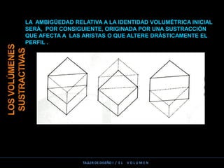 LA AMBIGÜEDAD RELATIVA A LA IDENTIDAD VOLUMÉTRICA INICIAL
SERÁ, POR CONSIGUIENTE, ORIGINADA POR UNA SUSTRACCIÓN
QUE AFECTA A LAS ARISTAS O QUE ALTERE DRÁSTICAMENTE EL
PERFIL .
TALLER DE DISEÑO I / E L V O L U M E N
 