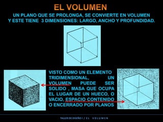 UN PLANO QUE SE PROLONGA, SE CONVIERTE EN VOLUMEN
Y ESTE TIENE 3 DIMENSIONES: LARGO, ANCHO Y PROFUNDIDAD.
VISTO COMO UN ELEMENTO
TRIDIMENSIONAL, UN
VOLUMEN PUEDE SER
SOLIDO , MASA QUE OCUPA
EL LUGAR DE UN HUECO, O
VACIO, ESPACIO CONTENIDO
O ENCERRADO POR PLANOS
TALLER DE DISEÑO I / E L V O L U M E N
 