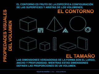 EL CONTORNO ES FRUTO DE LA ESPECÍFICA CONFIGURACIÓN
DE LAS SUPERFICIES Y ARISTAS DE LOS VOLÚMENES.
LAS DIMENSIONES VERDADERAS DE LA FORMA SON EL LARGO,
ANCHO Y PROFUNDIDAD; MIENTRAS ESTAS DIMENSIONES
DEFINEN LAS PROPORCIONES DE UN VOLUMEN.
TALLER DE DISEÑO I / E L V O L U M E N
 