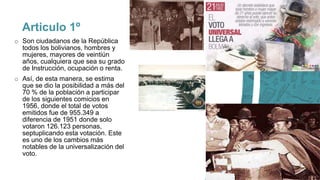 Articulo 1º
o Son ciudadanos de la República
todos los bolivianos, hombres y
mujeres, mayores de veintiún
años, cualquiera...