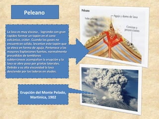 Peleano
La lava es muy viscosa , logrando con gran
La lava es muy viscosa , logrando con gran
rapidez formar un tapón en el cono
rapidez formar un tapón en el cono
volcánico, cráter. Cuando los gases no
volcánico, cráter. Cuando los gases no
encuentran salida, levantan este tapón que
encuentran salida, levantan este tapón que
se eleva en forma de aguja. Pertenece a las
se eleva en forma de aguja. Pertenece a las
mayores Explosiones fuertes, normalmente
mayores Explosiones fuertes, normalmente
precedidas de temblores
precedidas de temblores
subterráneos acompañan la erupción y la
subterráneos acompañan la erupción y la
lava se abre paso por grietas laterales.
lava se abre paso por grietas laterales.
Debido a su alta viscosidad la lava
Debido a su alta viscosidad la lava
desciende por las laderas en aludes.
desciende por las laderas en aludes.
Erupción del Monte Pelado,
Martinica, 1902
 