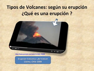 Tipos de Volcanes: según su erupción
¿Qué es una erupción ?
Erupción Volcánica ,del Volcán
Erupción Volcánica ,del Volcán
Llaima, Chile 2008
Llaima, Chile 2008
http://www.youtube.com/watch?v=i4sjI_1SQQQ
 