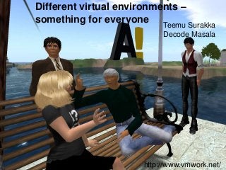 Different virtual environments –
something for everyone
                            Teemu Surakka
                            Decode Masala




                       http://www.vmwork.net/
 