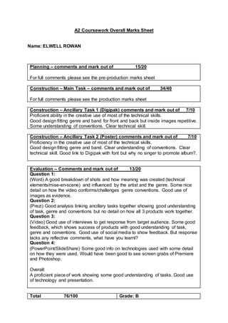 A2 Coursework Overall Marks Sheet
Name: ELWELL ROWAN
Planning – comments and mark out of 15/20
For full comments please see the pre-production marks sheet
Construction – Main Task – comments and mark out of 34/40
For full comments please see the production marks sheet
Construction – Ancillary Task 1 (Digipak) comments and mark out of 7/10
Proficient ability in the creative use of most of the technical skills.
Good design fitting genre and band for front and back but inside images repetitive.
Some understanding of conventions. Clear technical skill.
Construction – Ancillary Task 2 (Poster) comments and mark out of 7/10
Proficiency in the creative use of most of the technical skills.
Good design fitting genre and band. Clear understanding of conventions. Clear
technical skill. Good link to Digipak with font but why no singer to promote album?.
Evaluation – Comments and mark out of 13/20
Question 1:
(Word) A good breakdown of shots and how meaning was created (technical
elements/mise-en-scene) and influenced by the artist and the genre. Some nice
detail on how the video conforms/challenges genre conventions. Good use of
images as evidence.
Question 2:
(Prezi) Good analysis linking ancillary tasks together showing good understanding
of task, genre and conventions but no detail on how all 3 products work together.
Question 3:
(Video) Good use of interviews to get response from target audience. Some good
feedback, which shows success of products with good understanding of task,
genre and conventions. Good use of social media to show feedback. But response
lacks any reflective comments, what have you learnt?
Question 4:
(PowerPoint/SlideShare) Some good info on technologies used with some detail
on how they were used. Would have been good to see screen grabs of Premiere
and Photoshop.
Overall:
A proficient piece of work showing some good understanding of tasks. Good use
of technology and presentation.
Total 76/100 Grade: B
 