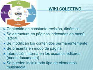 WIKI: SOFTWARE SOCIAL

 Permiten a los usuarios producir y
  compartir documentos colaborativamente
 Es Software social,...