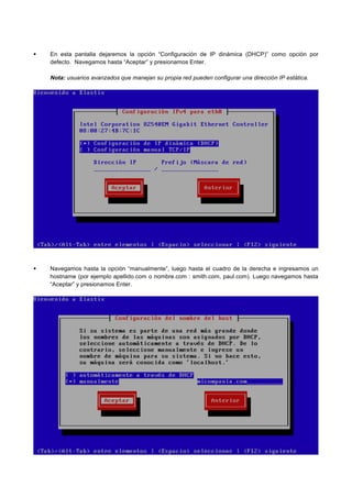En esta pantalla dejaremos la opción “Configuración de IP dinámica (DHCP)” como opción por
defecto. Navegamos hasta “Aceptar” y presionamos Enter.
Nota: usuarios avanzados que manejan su propia red pueden configurar una dirección IP estática.
Navegamos hasta la opción “manualmente”, luego hasta el cuadro de la derecha e ingresamos un
hostname (por ejemplo apellido.com o nombre.com : smith.com, paul.com). Luego navegamos hasta
“Aceptar” y presionamos Enter.
 