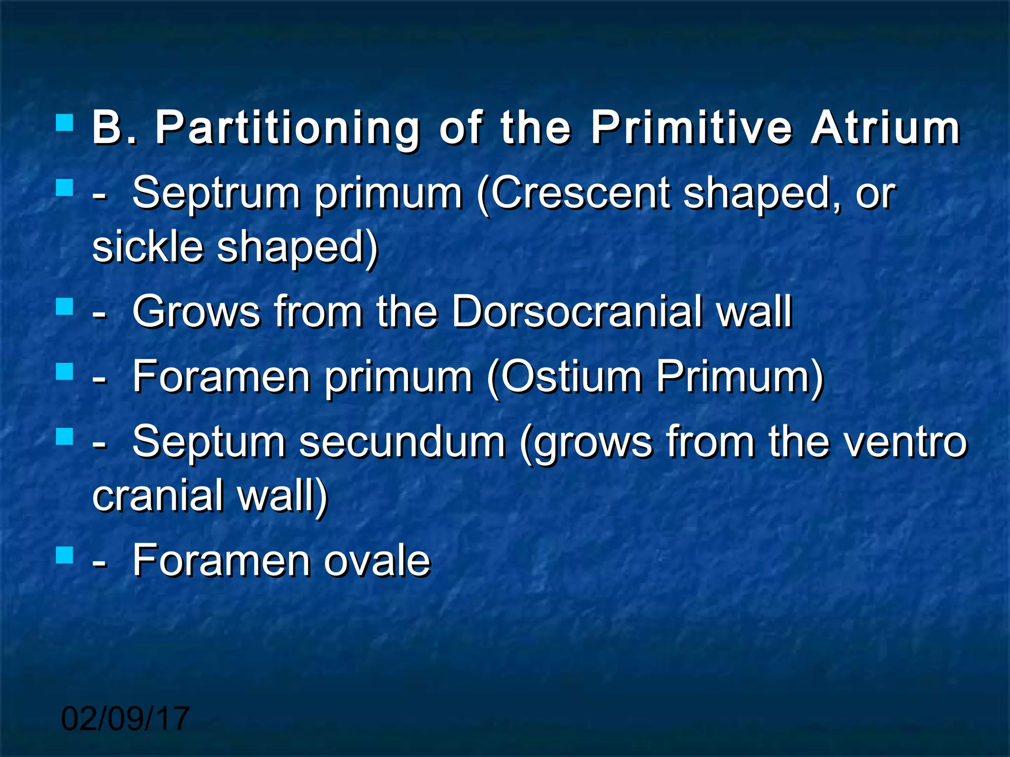 02/09/17
 B.B. Partitioning of the Primitive AtriumPartitioning of the Primitive Atrium
 - Septrum primum (Crescent shaped, or- Septrum primum (Crescent shaped, or
sickle shaped)sickle shaped)
 - Grows from the Dorsocranial wall- Grows from the Dorsocranial wall
 - Foramen primum (Ostium Primum)- Foramen primum (Ostium Primum)
 - Septum secundum (grows from the ventro- Septum secundum (grows from the ventro
cranial wall)cranial wall)
 - Foramen ovale- Foramen ovale
 