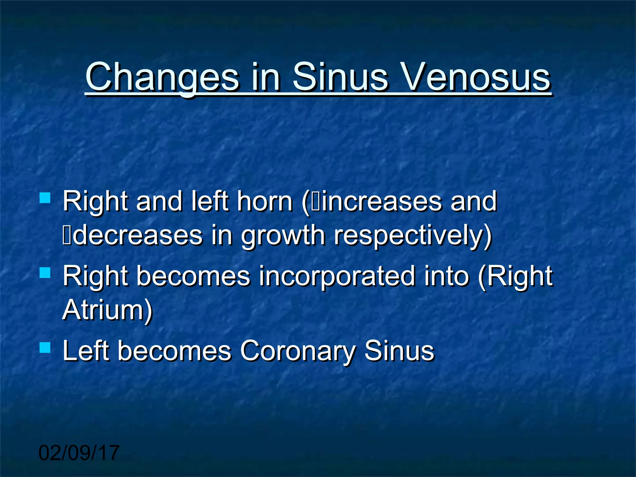 02/09/17
Changes in Sinus VenosusChanges in Sinus Venosus
 Right and left horn (Right and left horn (increases andincreases and
decreases in growth respectively)decreases in growth respectively)
 Right becomes incorporated into (RightRight becomes incorporated into (Right
Atrium)Atrium)
 Left becomes Coronary SinusLeft becomes Coronary Sinus
 