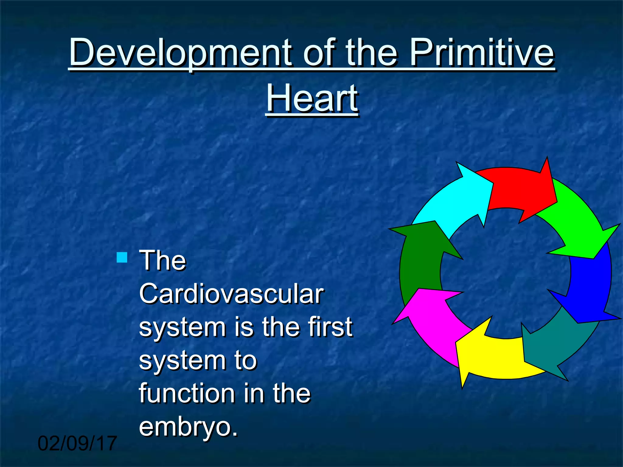 02/09/17
Development of the PrimitiveDevelopment of the Primitive
HeartHeart
 TheThe
CardiovascularCardiovascular
system is the firstsystem is the first
system tosystem to
function in thefunction in the
embryo.embryo.
 