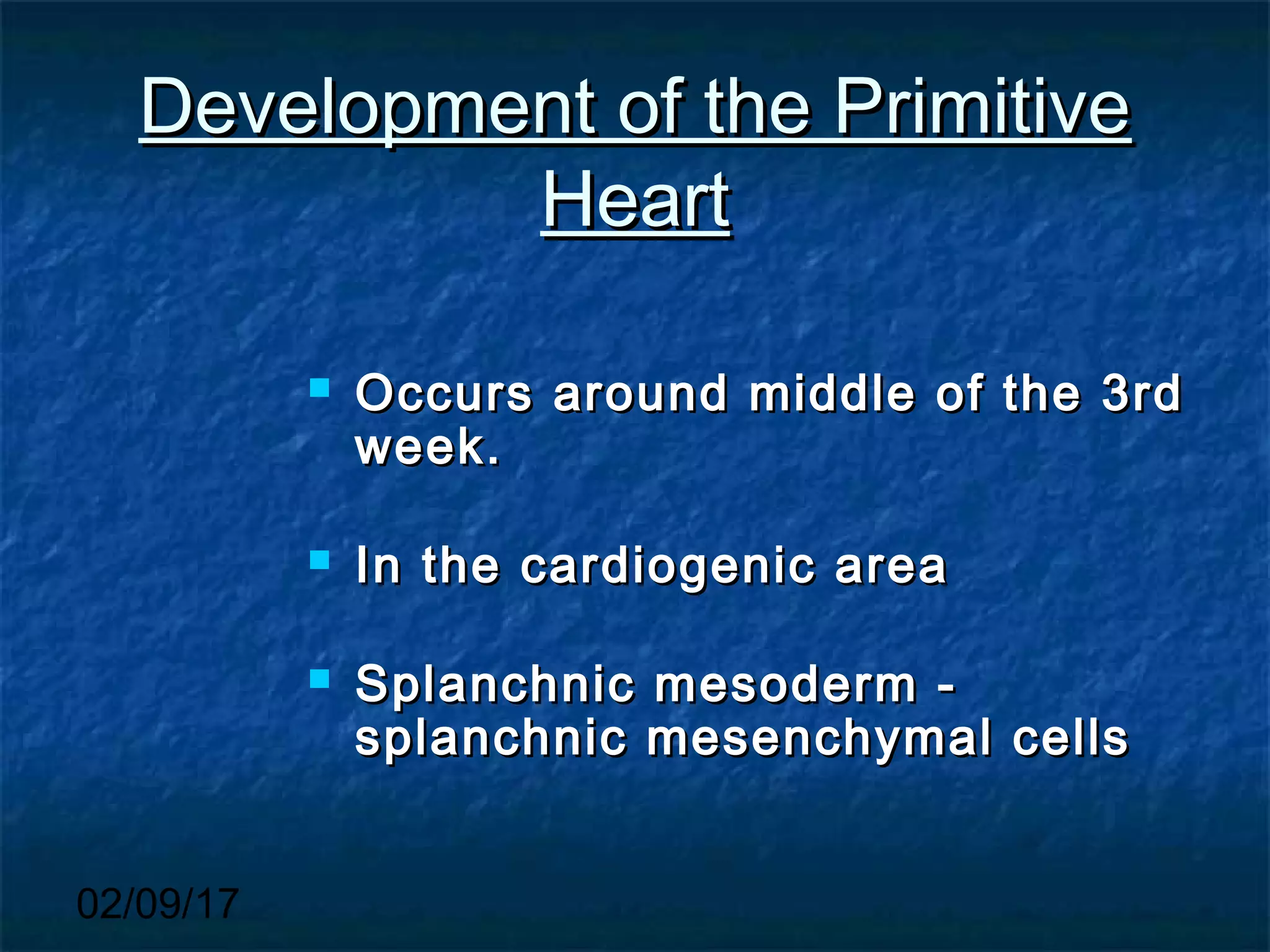 02/09/17
Development of the PrimitiveDevelopment of the Primitive
HeartHeart
 Occurs around middle of the 3rdOccurs around middle of the 3rd
week.week.
 In the cardiogenic areaIn the cardiogenic area
 Splanchnic mesoderm -Splanchnic mesoderm -
splanchnic mesenchymal cellssplanchnic mesenchymal cells
 