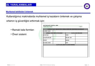 Seite: 19 
EL YARALANMALARI 
Muhtemel tehlikeleri önlemek 
Kullandığımız makinalarda muhtemel iş kazaların önlemek ve çalışma 
ortamın iş güvenliğini arttırmak için: 
• Ramak kala formları 
• Öneri sistemi 
MAYR-MELNHOF GRAPHIA - IZMIR 
RAMAK KALA FORMU F.803.0 
1. BÖLÜM : OLAYI YAŞAYAN VEYA TANIKLIK EDEN KİŞİ TARAFINDAN DOLDURULUR 
BİLDİRİM TARİHİ 
BİDİRİMİ YAPAN KİŞİYE AİT BİLGİLER OLAYLA İLGİLİ BİLGİLER 
ADI SOYADI 
ÇALIŞTIĞI BÖLÜM 
GÖREVİ 
Datum: 22/11/14 Datei: 550 DIA Diamond Training 
TARİH 
BÖLÜM / YER 
MAKİNE 
SAAT 
OLAYIN AÇIKLAMASI VE ÇÖZÜM ÖNERİNİZ 
İŞE GİRİŞ TARİHİ 
 