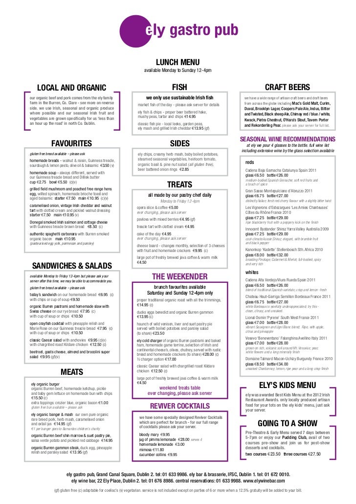 Lunch Menu Dublin Restaurant Lunch Menu Dublin Restaurant