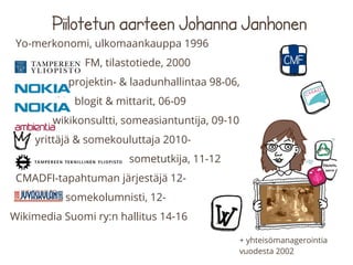 Piilotetun aarteen Johanna Janhonen
Yo-merkonomi, ulkomaankauppa 1996
FM, tilastotiede, 2000
projektin- & laadunhallintaa 98-06,
wikit, blogit & mittarit, 06-09
wikikonsultti, someasiantuntija, 09-10
yrittäjä & somekouluttaja 2010-
sometutkija, 11-12
CMADFI-tapahtuman järjestäjä 12-
somekolumnisti, 12-
Wikimedia Suomi ry:n hallitus 14-16
+ yhteisömanagerointia
vuodesta 2002
 