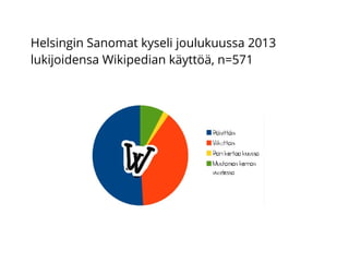 Helsingin Sanomat kyseli joulukuussa 2013
lukijoidensa Wikipedian käyttöä, n=571
 