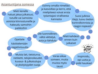 Esiinny omalla nimelläsi
ja kasvoillasi ja kerro, että
mielipiteesi voivat erota
työantajasi virallisesta
kannasta
Varaa aikaa
someen, mutta
muista myös
tauot
Asiantuntijana somessa
Inspiroidu,
opi uutta ja
pidä hauskaa!
Mieti kenelle
haluat jakaa julkaisusi,
tutuille vai samoista
asioista kiinnostuneille ja
hakeudu samoihin
paikkoihin
Opettele
käsittelemään
negatiivisuutta
Suosi julkisia
tilejä, luovu tiedon
kontrolloinnista ja
reagoi nopeasti
Ole luonnollinen,
vältä väittelyä,
auta ja ilahduta
Muista lait, tietoturva,
netiketti, tekijänoikeudet,
kuvaus- & julkaisulupa
ja yksityisyyden suoja
Mieti kahdesti
ennen kuin
julkaiset
 