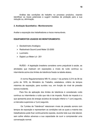 Análise das condições de trabalho no processo produtivo, visando
identificar os riscos potenciais e sugerir medidas de proteção para a sua
redução ou, eliminação.
2. Avaliação Quantitativa - Monitoramento:
Avaliar a exposição dos trabalhadores a riscos mensuráveis.
EQUIPAMENTOS USADOS NO MONITORAMENTO:
 Decibelímetro Analógico
 Radioshack Sound Level Meter 33-2050
 Luxímetro
 Digital Lux Meter Ld - 201
RUÍDO - A legislação brasileira considera como prejudicial à saúde, as
atividades que implicam em exposições a níveis de ruído contínuo ou
intermitente acima dos limites de tolerância fixada na tabela abaixo.
A norma Regulamentadora NR-15, anexo 1 da portaria 3.214 de 08 de
junho de 1978, do Ministério do Trabalho, estabelece, critério de tempos
máximos de exposição, para ouvidos nus, em função do nível de pressão
sonora incidente.
Para fins de aplicação dos limites de tolerância é considerado ruído
contínuo ou intermitente o ruído que não é de impacto. Ruído de impacto é o
que apresenta picos de energia acústica de duração inferior a 1 (um) segundo,
a intervalos superiores a 1(um) segundo.
Os "Limites de Tolerância" relacionam níveis de pressão sonora com
tempos de exposição e representam as condições sob as quais a maioria dos
trabalhadores pode ficar continuamente exposta, durante toda sua vida laboral,
sem sofrer efeitos adversos a sua capacidade de ouvir e compreender uma
conversação normal.
18
 