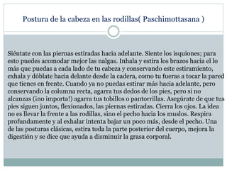 Postura de la cabeza en las rodillas( Paschimottasana )
Siéntate con las piernas estiradas hacia adelante. Siente los isquiones; para
esto puedes acomodar mejor las nalgas. Inhala y estira los brazos hacia el lo
más que puedas a cada lado de tu cabeza y conservando este estiramiento,
exhala y dóblate hacia delante desde la cadera, como tu fueras a tocar la pared
que tienes en frente. Cuando ya no puedas estirar más hacia adelante, pero
conservando la columna recta, agarra tus dedos de los pies, pero si no
alcanzas (¡no importa!) agarra tus tobillos o pantorrillas. Asegúrate de que tus
pies siguen juntos, flexionados, las piernas estiradas. Cierra los ojos. La idea
no es llevar la frente a las rodillas, sino el pecho hacia los muslos. Respira
profundamente y al exhalar intenta bajar un poco más, desde el pecho. Una
de las posturas clásicas, estira toda la parte posterior del cuerpo, mejora la
digestión y se dice que ayuda a disminuir la grasa corporal.
 