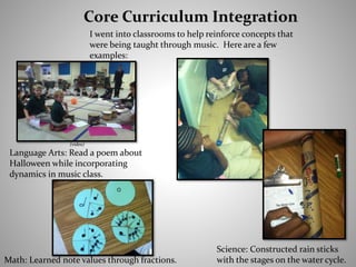 I went into classrooms to help reinforce concepts that
were being taught through music. Here are a few
examples:
(video)
Language Arts: Read a poem about
Halloween while incorporating
dynamics in music class.
Science: Constructed rain sticks
with the stages on the water cycle.Math: Learned note values through fractions.
 