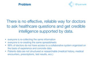 Problem E l y s i u m
There is no effective, reliable way for doctors
to ask healthcare questions and get credible
intelligence supported by data.
• everyone is re-collecting the same information
• everyone is re-creating the same spreadsheets
• 99% of doctors do not have access to a collaborative system organized on
the basis of experience and concrete data
• Patients data are not structured or researchable (medical history, medical
encounters, prescriptions, test results, ecc.)
 
