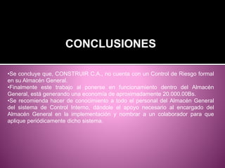 CONCLUSIONES
•Se concluye que, CONSTRUIR C.A., no cuenta con un Control de Riesgo formal
en su Almacén General.
•Finalmente este trabajo al ponerse en funcionamiento dentro del Almacén
General, está generando una economía de aproximadamente 20.000.00Bs.
•Se recomienda hacer de conocimiento a todo el personal del Almacén General
del sistema de Control Interno, dándole el apoyo necesario al encargado del
Almacén General en la implementación y nombrar a un colaborador para que
aplique periódicamente dicho sistema.
 
