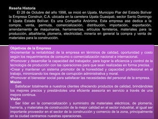 Reseña Historia
El 28 de Octubre del año 1998, se inició en Upata, Municipio Piar del Estado Bolívar
la Empresa Construir, C.A. ubicada en la carretera Upata Guasipati, sector Santo Domingo
II Upata Estado Bolívar. Es una Compañía Anónima. Esta empresa ase dedica a la
compra, venta, permuta, comercialización, distribución, importación, exportación,
arrendamiento de maquinarias, herramientas, artículos ferreteros, materiales para la
producción, albañilería, plomería, electricidad, minería en general la compra y venta de
materiales para la construcción.
Objetivos de la Empresa
•Incrementar la rentabilidad de la empresa en términos de calidad, oportunidad y costo
según los requerimientos de consumo o comercialización nacional e internacional.
•Promover y desarrollar la capacidad del trabajador, para lograr la eficiencia y control de la
tecnología de producción con las operaciones para que sean realizadas en forma precisa.
•Crear y mantener un sistema promotor de la honestidad y capacidad profesional en el
trabajo, minimizando los riesgos de corrupción administrativa y moral.
•Promover el bienestar social para satisfacer las necesidades del personal de la empresa.
Misión
Satisfacer totalmente a nuestros clientes ofreciendo productos de calidad, brindándoles
los mejores precios y prestándoles una eficiente asesoría en servicio a través de una
mejora continua.
Visión
Ser líder en la comercialización y suministro de materiales eléctricos, de plomería,
herrería, y materiales de construcción de la mejor calidad en el sector industrial, al igual ser
importante proveedor en el sector de la construcción y comercio de la zona, principalmente
en la ciudad centramos nuestras operaciones.
 