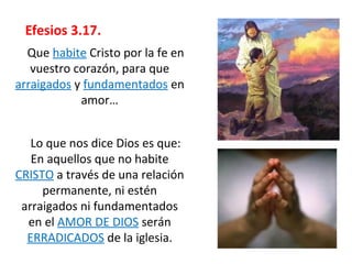 Efesios 3.17.
Que habite Cristo por la fe en
vuestro corazón, para que
arraigados y fundamentados en
amor…
Lo que nos dice Dios es que:
En aquellos que no habite
CRISTO a través de una relación
permanente, ni estén
arraigados ni fundamentados
en el AMOR DE DIOS serán
ERRADICADOS de la iglesia.
 
