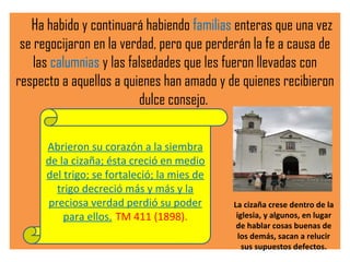 Ha habido y continuará habiendo familias enteras que una vez
se regocijaron en la verdad, pero que perderán la fe a causa de
las calumnias y las falsedades que les fueron llevadas con
respecto a aquellos a quienes han amado y de quienes recibieron
dulce consejo.
Abrieron su corazón a la siembra
de la cizaña; ésta creció en medio
del trigo; se fortaleció; la mies de
trigo decreció más y más y la
preciosa verdad perdió su poder
para ellos.-TM 411 (1898).
La cizaña crese dentro de la
iglesia, y algunos, en lugar
de hablar cosas buenas de
los demás, sacan a relucir
sus supuestos defectos.
 