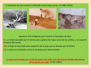El zarandeo de Dios avienta multitudes como hojas secas.-1JT 480 (1876).
Aparecen tres imágenes para ilustrar el zarandeo de Dios:
(1), un árbol sacudido por el viento para separar las hojas secas de las verdes, y no soportó
la fuerza del viento.
(2), el trigo es aventado para separarlo de la paja que es llevada por el viento.
(3), la arena es aventada contra la zaranda para seleccionarla.
La paja será llevada por el viento como una nube, aun de lugares donde sólo vemos
terrenos de rico trigo.-5T 81 (1882)
 