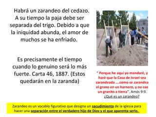 Habrá un zarandeo del cedazo.
A su tiempo la paja debe ser
separada del trigo. Debido a que
la iniquidad abunda, el amor de
muchos se ha enfriado.
Es precisamente el tiempo
cuando lo genuino será lo más
fuerte. Carta 46, 1887. (Estos
quedarán en la zaranda)
“ Porque he aquí yo mandaré, y
haré que la Casa de Israel sea
zarandeada ….como se zarandea
el grano en un harnero, y no cae
un granito a tierra”. Amós 9:9.
¿Qué es un zarandeo?
Zarandeo es un vocablo figurativo que designa un sacudimiento de la iglesia para
hacer una separación entre el verdadero hijo de Dios y el que aparenta serlo.
 