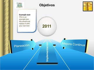 Objetivos
Resumen de la situación
 Example text
 •This is an
 example text
 •Go ahead and
 replace it with
 your own text
                    2011



                      Implementación
 