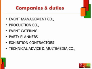 • EVENT MANAGEMENT CO.,
• PROCUCTION CO.,
• EVENT CATERING
• PARTY PLANNERS
• EXHIBITION CONTRACTORS
• TECHNICAL ADVICE & MULTIMEDIA CO.,
 