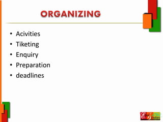 • Acivities
• Tiketing
• Enquiry
• Preparation
• deadlines
 