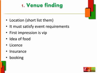 • Location (short list them)
• It must satisfy event requirements
• First impression is vip
• Idea of food
• Licence
• Insurance
• booking
 
