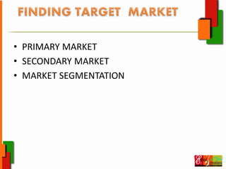 • PRIMARY MARKET
• SECONDARY MARKET
• MARKET SEGMENTATION
 