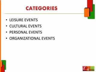 • LEISURE EVENTS
• CULTURAL EVENTS
• PERSONAL EVENTS
• ORGANIZATIONAL EVENTS
 