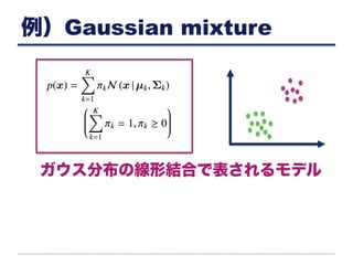 例）Gaussian mixture
ガウス分布の線形結合で表されるモデル
 