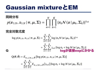 Gaussian mixtureとEM
同時分布
完全対数尤度
Q logが直接expにかかる
 