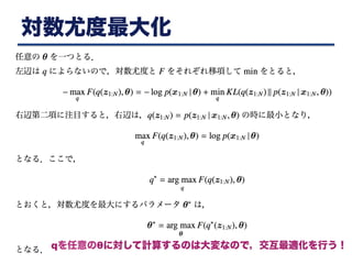 対数尤度最大化
qを任意のθに対して計算するのは大変なので，交互最適化を行う！
 
