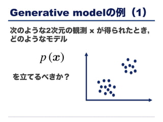 Generative modelの例（1）
次のような2次元の観測 x が得られたとき，
どのようなモデル
を立てるべきか？
 