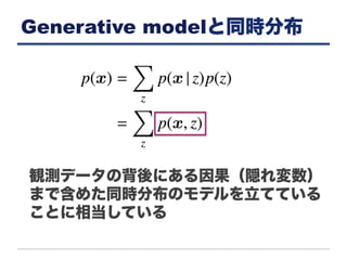 Generative modelと同時分布
観測データの背後にある因果（隠れ変数）
まで含めた同時分布のモデルを立てている
ことに相当している
 