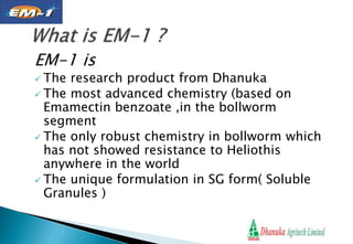 EM-1 is
 The research product from Dhanuka
 The most advanced chemistry (based on
Emamectin benzoate ,in the bollworm
segment
 The only robust chemistry in bollworm which
has not showed resistance to Heliothis
anywhere in the world
 The unique formulation in SG form( Soluble
Granules )
 