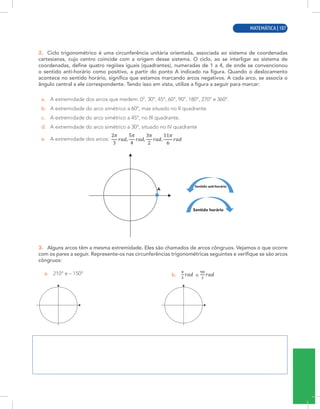 MATEMÁTICA | 5
2. Ciclo trigonométrico é uma circunferência unitária orientada, associada ao sistema de coordenadas
cartesianas, cujo centro coincide com a origem desse sistema. O ciclo, ao se interligar ao sistema de
coordenadas, define quatro regiões iguais (quadrantes), numeradas de 1 a 4, de onde se convencionou
o sentido anti-horário como positivo, a partir do ponto A indicado na figura. Quando o deslocamento
acontece no sentido horário, significa que estamos marcando arcos negativos. A cada arco, se associa o
ângulo central a ele correspondente. Tendo isso em vista, utilize a figura a seguir para marcar:
a. A extremidade dos arcos que medem: 0°, 30°, 45°, 60°, 90°, 180°, 270° e 360°.
b. A extremidade do arco simétrico a 60°, mas situado no II quadrante.
c. A extremidade do arco simétrico a 45°, no III quadrante.
d. A extremidade do arco simétrico a 30°, situado no IV quadrante
e. A extremidade dos arcos:
Sentido anti-horário
Sentido horário
A
3. Alguns arcos têm a mesma extremidade. Eles são chamados de arcos côngruos. Vejamos o que ocorre
com os pares a seguir. Represente-os nas circunferências trigonométricas seguintes e verifique se são arcos
côngruos:
a. 210° e – 150° b. e
MATEMÁTICA | 107
 