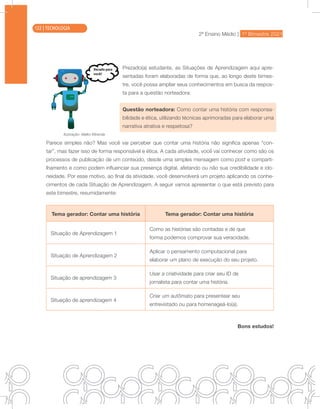 2ª Ensino Médio | 1º Bimestre 2021
TECNOLOGIA
Prezado(a) estudante, as Situações de Aprendizagem aqui apre-
sentadas foram elaboradas de forma que, ao longo deste bimes-
tre, você possa ampliar seus conhecimentos em busca da respos-
ta para a questão norteadora:
Questão norteadora: Como contar uma história com responsa-
bilidade e ética, utilizando técnicas aprimoradas para elaborar uma
narrativa atrativa e respeitosa?
Parece simples não? Mas você vai perceber que contar uma história não significa apenas “con-
tar”, mas fazer isso de forma responsável e ética. A cada atividade, você vai conhecer como são os
processos de publicação de um conteúdo, desde uma simples mensagem como post e comparti-
lhamento e como podem influenciar sua presença digital, afetando ou não sua credibilidade e ido-
neidade. Por esse motivo, ao final da atividade, você desenvolverá um projeto aplicando os conhe-
cimentos de cada Situação de Aprendizagem. A seguir vamos apresentar o que está previsto para
este bimestre, resumidamente:
Tema gerador: Contar uma história Tema gerador: Contar uma história
Situação de Aprendizagem 1
Como as histórias são contadas e de que
forma podemos comprovar sua veracidade.
Situação de Aprendizagem 2
Aplicar o pensamento computacional para
elaborar um plano de execução do seu projeto.
Situação de aprendizagem 3
Usar a criatividade para criar seu ID de
jornalista para contar uma história.
Situação de aprendizagem 4
Criar um autômato para presentear seu
entrevistado ou para homenageá-lo(a).
Bons estudos!
Ilustração: Malko Miranda
122 | TECNOLOGIA
 