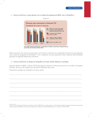 LÍNGUA PORTUGUESA | 11
2. Vamos confrontar a nossa opinião com os dados da pesquisa do IBGE. Leia o infográfico4
:
Imagem 3:
Neste momento, não vamos nos preocupar com as barras, somente com a legenda! Compare as suas respostas
orais, dadas às perguntas da Atividade 1, com a legenda. As suas respostas contêm algumas das finalidades
expostas na legenda? Responda oralmente.
3. Vamos transformar os dados do infográfico em texto verbal. Observe o exemplo:
Segundo dados do IBGE, no Brasil, 95,7% das pessoas utilizaram a Internet para enviar ou receber mensagens
de texto, de voz ou de imagens por aplicativos diferentes de e-mail.
Transforme os dados do infográfico em texto verbal.
4 Fonte: Uso de Internet, Televisão e Celular no Brasil. IBGE Educa. Disponível em: <https://educa.ibge.gov.br/jovens/materias-especiais/
materias-especiais/20787-uso-de-internet-televisao-e-celular-no-brasil.html#subtitulo-0>. Acesso em: 30 jul. 2020.
LÍNGUA PORTUGUESA | 13
 