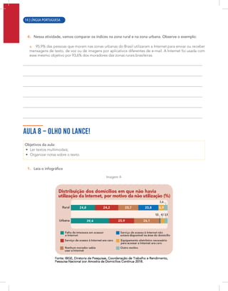 12 | LÍNGUA PORTUGUESA
4. Nessa atividade, vamos comparar os índices na zona rural e na zona urbana. Observe o exemplo:
a. 95,9% das pessoas que moram nas zonas urbanas do Brasil utilizaram a Internet para enviar ou receber
mensagens de texto, de voz ou de imagens por aplicativos diferentes de e-mail. A Internet foi usada com
esse mesmo objetivo por 93,6% dos moradores das zonas rurais brasileiras.
AULA 8 – OLHO NO LANCE!
Objetivos da aula:
• Ler textos multimodais;
• Organizar notas sobre o texto.
1. Leia o infográfico
Imagem 4:
14 | LÍNGUA PORTUGUESA
 