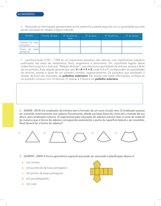 10 | MATEMÁTICA
e. Revisando as informações apresentadas acima, preencha a tabela seguinte com a quantidade que está
sendo solicitada em relação à figura indicada.
FIGURA Formato da base Nº de lados da
base
Nº de faces Nº de vértices Nº de arestas
Pirâmide de base
octogonal
Prisma de base
decagonal
f. Leonhard Euler (1707 – 1783) foi um importante estudioso das ciências, com significativos trabalhos
publicados nas áreas de matemática, física, engenharia e astronomia. Um importante legado desse
matemático suíço foi a chamada “Relação de Euler”, que relaciona a quantidade de vértices, arestas e faces
de um poliedro. Essa relação garante que vale: V – A + F = 2, onde V, A e F correspondem às quantidades
de vértices, arestas e faces de um poliedro convexo, respectivamente. Os poliedros que satisfazem à
relação de Euler são chamados de poliedros eulerianos. De acordo com essas informações, verifique se
um poliedro convexo com 14 vértices, 21 arestas e 9 faces é um poliedro euleriano.
2. (ENEM - 2014) Um sinalizador de trânsito tem o formato de um cone circular reto. O sinalizador precisa
ser revestido externamente com adesivo fluorescente, desde sua base (base do cone) até a metade de sua
altura, para sinalização noturna. O responsável pela colocação do adesivo precisa fazer o corte do material
de maneira que a forma do adesivo corresponda exatamente à parte da superfície lateral a ser revestida.
Qual deverá ser a forma do adesivo?
a. b. c. d. e.
3. (SARESP - 2009) A forma geométrica espacial que pode ser associada à planificação abaixo é:
a. Um cilindro.
b. Uma pirâmide de base pentagonal.
c. Um prisma de base pentagonal.
d. Um paralelepípedo.
e. Um cubo
66 | MATEMÁTICA
 
